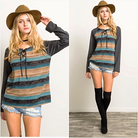 Boho Chic Plaid Striped Lace Up Front Top Small - Picture 5 of 8